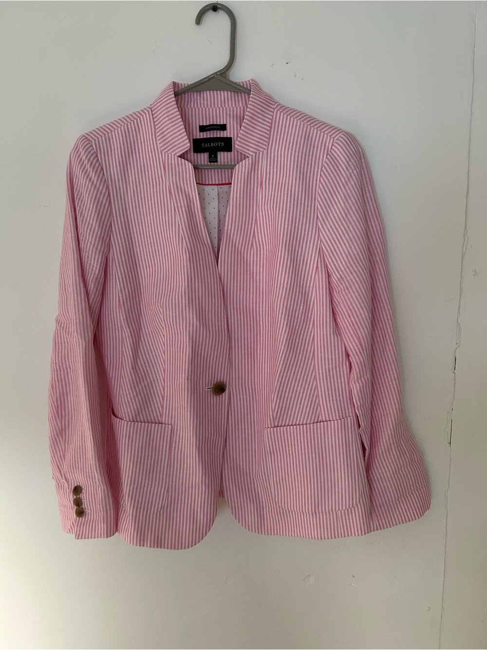 ☀️3/$25 Talbots Aberdeen Blazer Pink White Stripe Size 8 linen - Picture 2 of 7